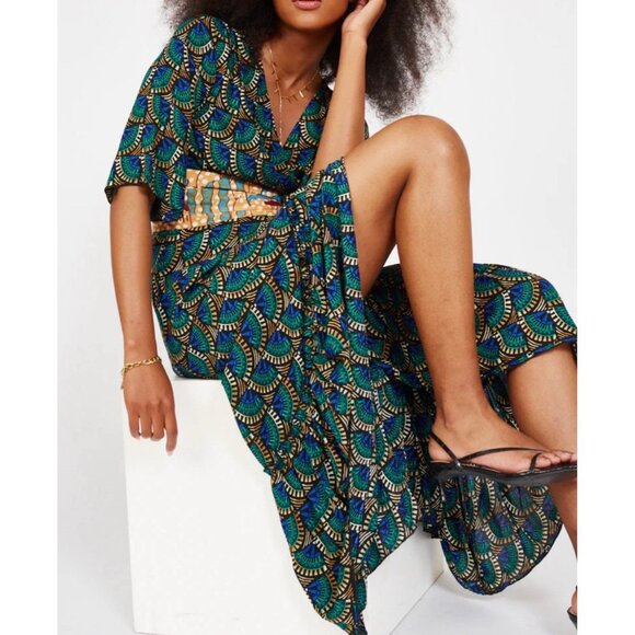 Silk & Salt Journey XL Maxi Wrap Dress African Peacock Ruffle Resort Vacation - Picture 1 of 12